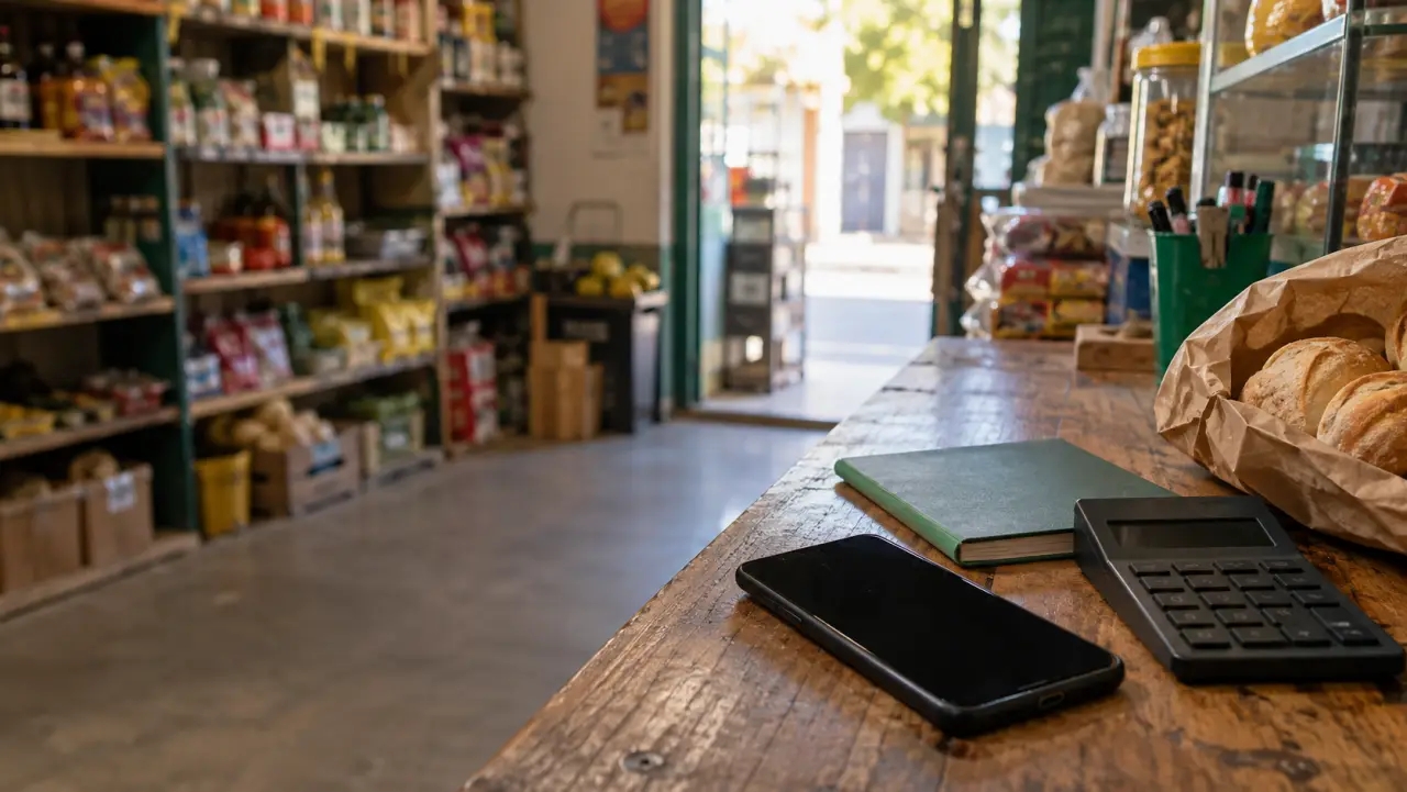 Celular, cuaderno y calculadora sobre el mesón de madera de un almacén, con los estantes al fondo