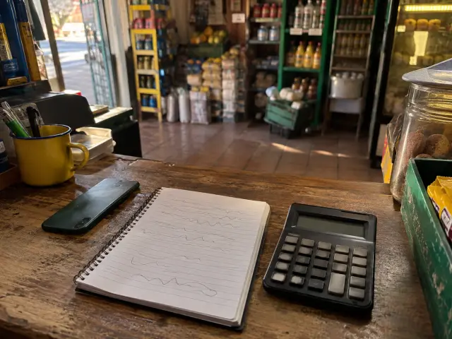 Mesón de almacén visto desde el lado del vendedor, con cuaderno, calculadora y celular