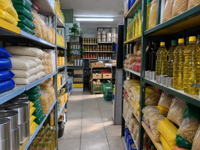 Pasillo angosto de un minimarket de barrio con estantes llenos