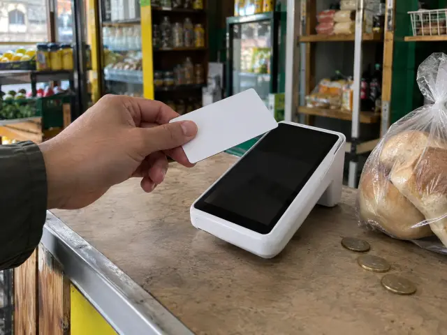 Cliente acercando una tarjeta a una maquinita de pago sobre el mesón, junto a una bolsa de pan