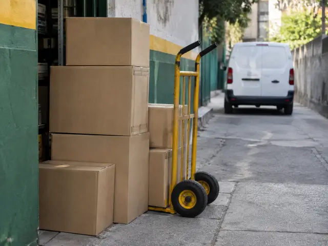 Cajas de mercadería apiladas en la entrada trasera de un almacén