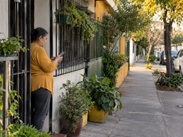 Mujer en la puerta de su casa mirando su celular, de perfil