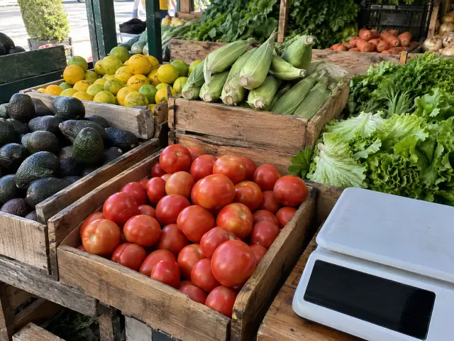 Cajones de madera con tomates, paltas, limones y lechugas junto a una balanza